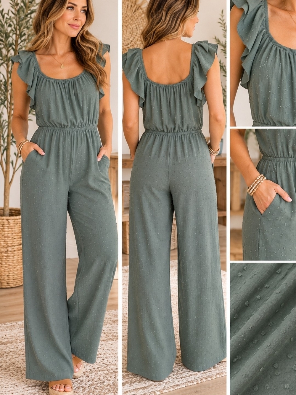 Sage Green Ruffle-Shoulder Wide-Leg Jumpsuit
